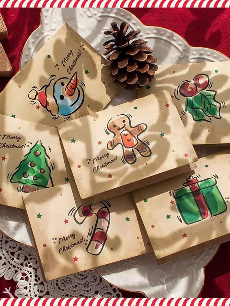 Set mit 6 Weihnachtskarten, Vintage handgezeichnete Weihnachtskarten Geschenkbox (mit Umschlägen), süße Feiertags-Karten, Designs beinhalten Schneemänner, Weihnachtsbäume, Lebkuchenmänner und Geschenke, geeignet für Jungen, Mädchen und Erwachsene.