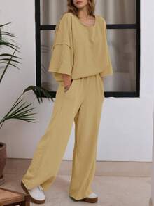 Fisoew Women Two Piece Lounge Set Casual 34 Sleeve Tunic Top And Wide Leg Pants Cozy Fall Outfits Y2K Matching Sets Soft Travel Loungewear Breathable Jogger Suit - Light Brown - 查看 1