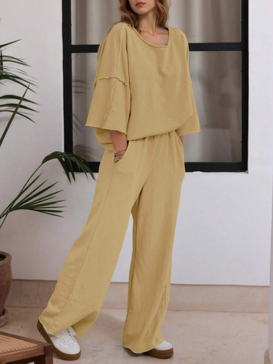 Fisoew Women Two Piece Lounge Set Casual 34 Sleeve Tunic Top And Wide Leg Pants Cozy Fall Outfits Y2K Matching Sets Soft Travel Loungewear Breathable Jogger Suit - Light Brown - 查看 1