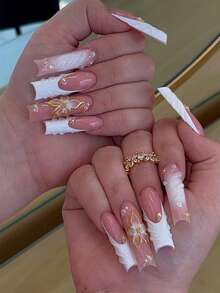 24片长方形亚克力美甲贴纸，白色粉末扎染3D立体凝胶金色仿珍珠美甲，适合女性和女孩，美甲沙龙可爱法式假指甲，包含1片果冻凝胶，1片指甲抛光条美甲用品 - 彩色 - 查看 1