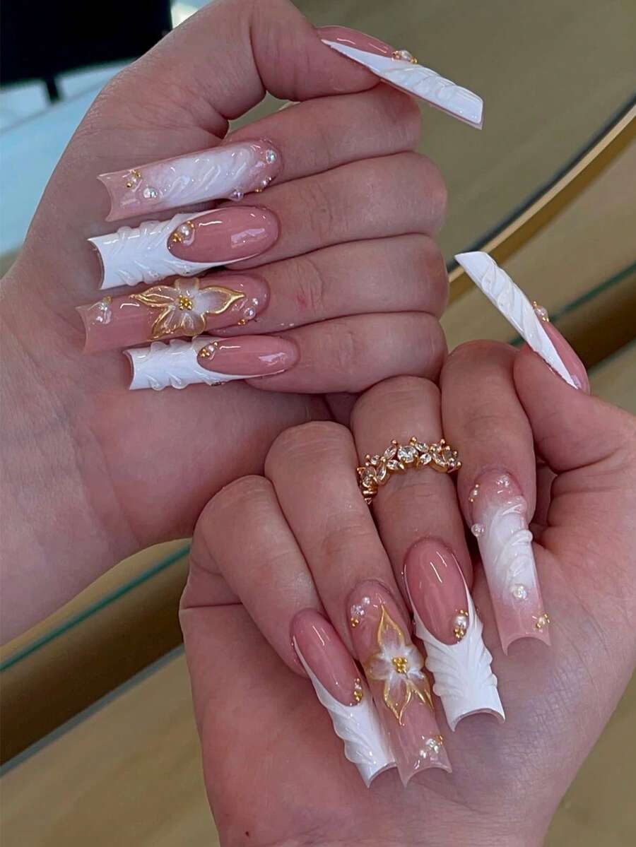 24片长方形亚克力美甲贴纸，白色粉末扎染3D立体凝胶金色仿珍珠美甲，适合女性和女孩，美甲沙龙可爱法式假指甲，包含1片果冻凝胶，1片指甲抛光条美甲用品 - 彩色 - 查看 1