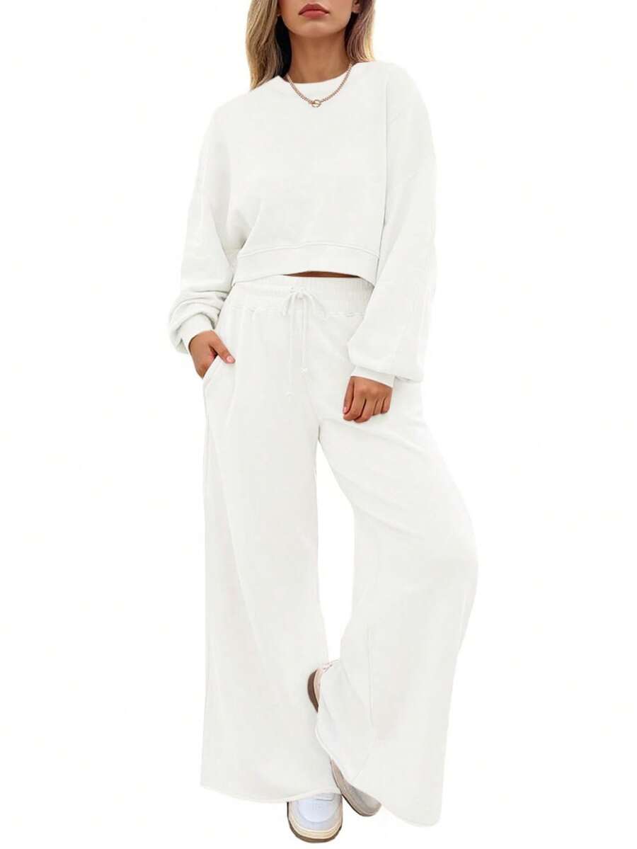 Fisoew Women Batwing Sweatshirt Wide Leg Pants Set Casual Fall Loungewear Two Piece Outfit Cozy Sweatsuit - 白色 - 查看 1