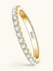 XUJIA 1pc Women's Eternity Ring, Fashion Moissanite Wedding Band, 2mm Round Cut Moissanite Ring, 925 Sterling Silver Stackable Ring, Anniversary Birthday Jewelry Gift - Yellow Gold - View 5