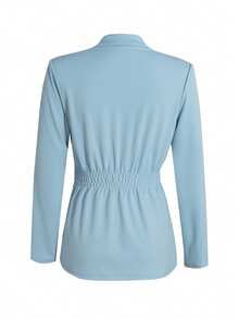 Women's Fashionable European And American Style Solid Color Casual Single-Button Elastic Waist Lapel Collar Long Sleeve Jacket, Minimalist Street Style For Daily Wear, Autumn/Winter - Blue - View 9