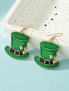 1 Pair St. Patrick's Day Glitter Enamel Leprechaun Hat & Clover Dangle Earrings, Suitable For Women To Wear On St. Patrick's Day And Daily Occasions - Green - View 1