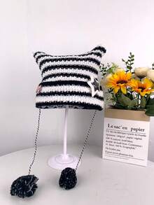 1pc Punk Gothic Y2K Cute Black White Beanie Hats Striped Cat Ears Wool Hat Women Autumn Winter Warm Little Devil Knitted Crochet Beanie Hat Winter Women - Multicolor - View 15