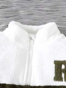 2 件套男童长袖高领字母刺绣夹克和撞色羊毛裤套装，秋冬