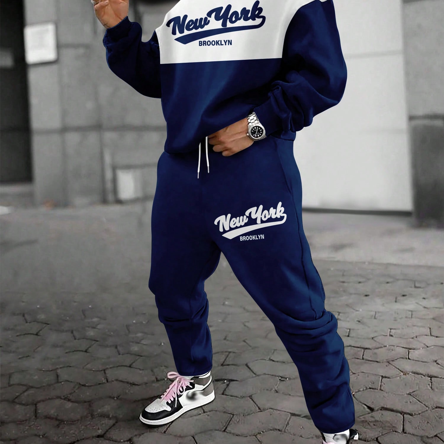 Conjunto de sudadera y pantalones deportivos casuales de estilo holgado con cuello redondo para hombre, ropa de otoño
