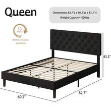 Upholstered  Bed Frame With Headboard, Linen Platform Bed  Frame With Wooden Slats Support,Twin/ Full/ Queen/ King,Pink/ White/ Blue/ Light Grey/ Dark Grey/ Black/ Cream - 黑色 - 查看 8