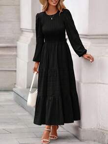 Womens Long Sleeve Fall Dresses Casual Crew Neck Smocked High Waist Tiered Flowy Maxi Dress With Pockets - 黑色 - 查看 4