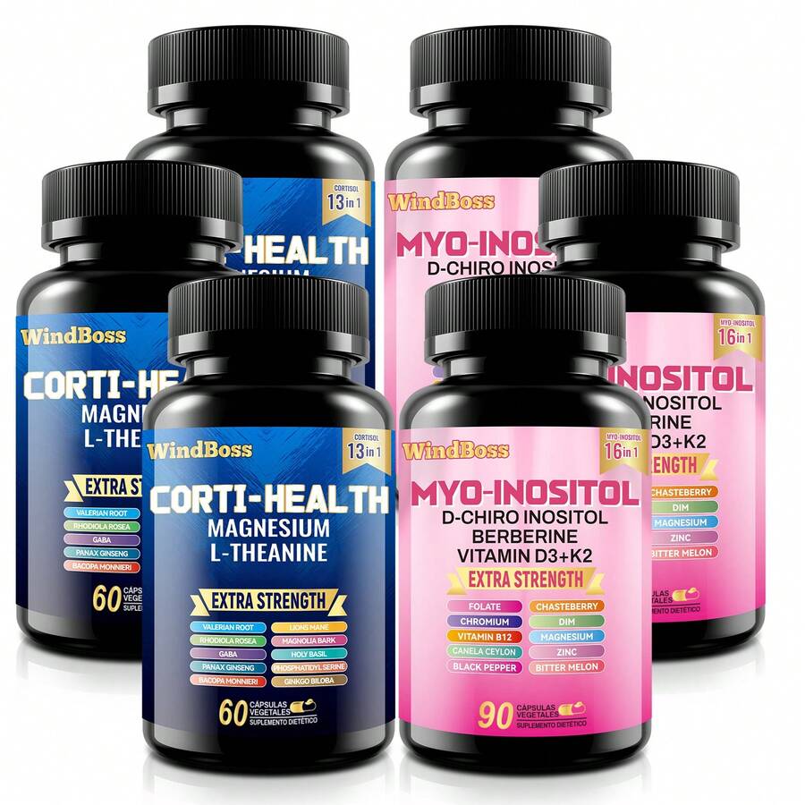 Windboss Paquete 3 en 1 | Suplemento Cortisol + Inositol | 270+180 Cápsulas Totales | Vitalidad y Bienestar Prolongado