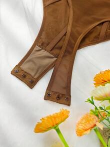 1pc Lace Bodysuit, Sexy Clubwear For Going Out, Party, Backless Camisole, Fitted Spaghetti Strap Top - Brown - View 6