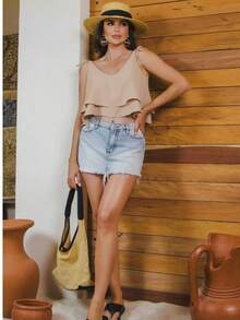 Alicie Women's Blouse With Straps, Ruffled V-Neck, Cropped - 卡其色 - 查看 3