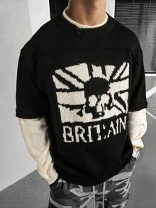 Herren Halloween Kostüm Pullover, neutraler Stil 2 in 1 Langarm Rundhals Streetwear Schädel- & Buchstaben-Muster Pullover Top, Herren Halloween Kostüm, Herbst/Winter