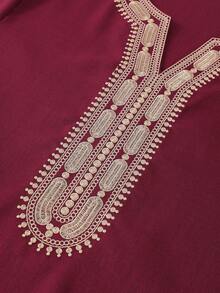 Elegant Moroccan Traditional Style Muslim Men's Kaftan Robe Gandoura Middle Sleeve Thobe For Prayer Traditional Islamic Weddings Wear Festivals Cultrual Clothing North Africa Traditional Islamic Long Robe - Red - View 5