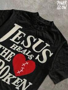 JESUS HEALS THE BROKEN Men's Graphic Tee Y2K,  Fashion Street Style Same Gender Design. It's A Pure Cotton Casual T-Shirt For Spring And Summer, With A Round Neck And Short Sleeves - 黑色 - 查看 2