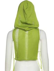 Women Knitted Hoodie Sweater Vest Sleeveless Hollow Out Hooded Crop Top Streetwear Rave Oufit - 綠色 - 查看 7