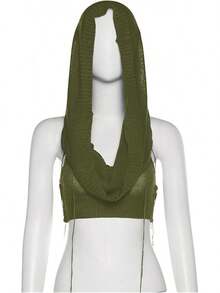 Women Knitted Hoodie Sweater Vest Sleeveless Hollow Out Hooded Crop Top Streetwear Rave Oufit - 墨綠色 - 查看 4
