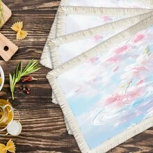 1 pieza Mantel individual con estampado floral de lino con flecos, mantel de mesa de comedor lavable, decoración del hogar, vajilla, cocina, decoración de fiesta interior/exterior, regalo ideal - Multicolor - Ver 40