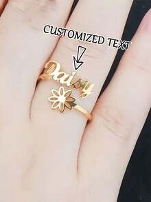 定制雏菊名字戒指 - 个性化草书字母珠宝，带花卉装饰，18K 镀金 201 不锈钢可调节开口戒指 - 婚礼、生日、周年纪念、复活节礼物 - 优雅的花卉名字项链 - 款式9 - 查看 2