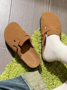 春季新款厚底勃肯休闲一脚蹬鞋，编织鞋底勃肯鞋，女士包头厚底凉鞋 - 駝色 - 查看 2