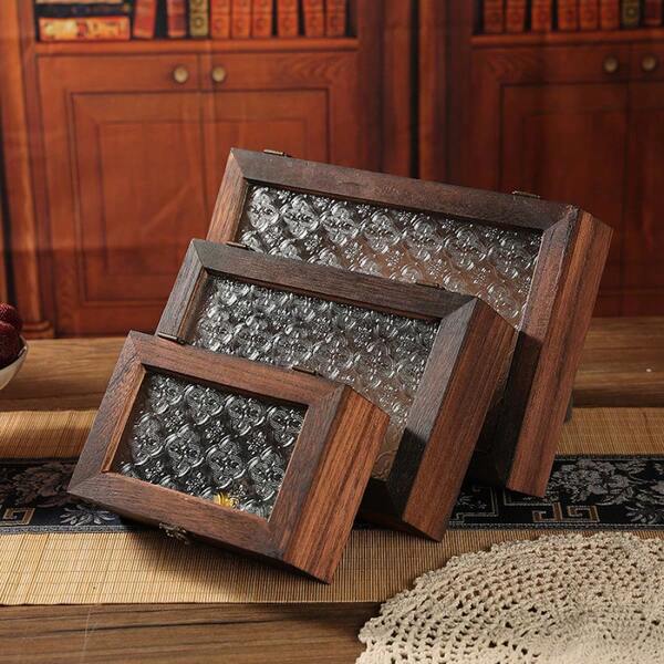 Caixa de armazenamento de madeira vintage com tampa de vidro - Recipiente de armazenamento decorativo com dobradiças douradas, estrutura de madeira à prova de poeira, adequada para casa, joias, relógios, frutas secas e itens colecionáveis - Armário de exposição elegante para sala de estar, quarto, escritório - Design de flor de maçã silvestre multifuncional em marrom escuro e vidro transparente, botão decorativo e tampa articulada para fácil acesso, ideal para decoração de casa, armazenamento à prova de poeira, preservação de itens colecionáveis, artesanato durável, adequado para colecionadores de joias