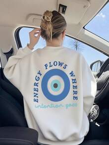 女士秋冬标语图案长袖圆领运动衫，休闲宽松百搭假日风格上衣，时尚秋季女装，适合日常穿着 - 白色 - 查看 6