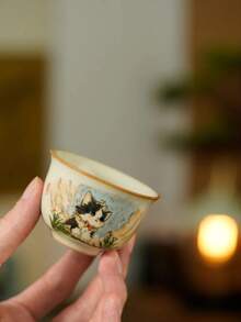 1/2件中国汝窑可爱猫咪茶杯，坐猫图案外沿小圆杯，个人马克杯，小容量水杯，适合农历新年送礼，拜访亲朋好友，茶友收藏 - 彩色 - 查看 5