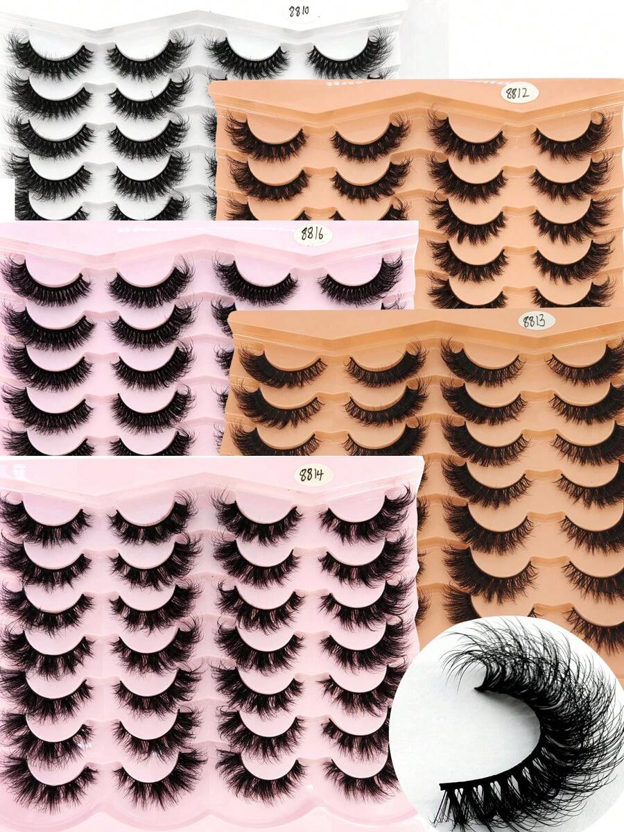 HBZGTLAD 5 种款式，14 对卷曲、浓密、纤长仿貂皮睫毛，交叉、自然蓬松睫毛，DD 卷曲，自然长度，手工制作 3D 睫毛，化妆假睫毛，可重复使用的练习睫毛 - 黑色 - 查看 1