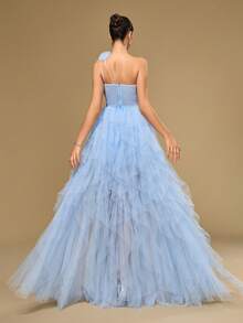 Váy dài bằng vải lưới maxi cổ lệch không tay thanh lịch, có chi tiết viền xếp nếp xẻ tà, thích hợp mặc dự tiệc quyến rũ cho nữ - Màu xanh nhạt - Xem 2