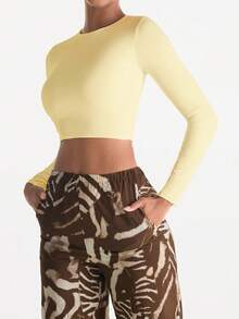 XLLAIS 奶油黄小圆领长袖修身T恤弹力露脐上衣休闲运动夏季女装秋冬服装 - 淺黃色 - 查看 5