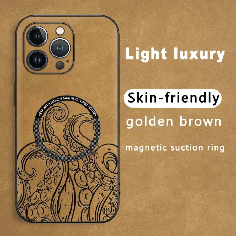 Diseño de pulpo. Funda magnética para teléfono con textura de piel sintética de oveja. Compatible con los modelos 12 al 16 Plus, Pro y Pro. Una opción elegante y de alta calidad, ideal para regalar. - Colores mixtos 1 - Ver 1