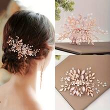 1 pente de cabelo de noiva feito à mão com cristais, acessório de cabelo para casamento em tom ouro rosa, ideal para o Dia dos Namorados. - ouro rosa - Ver 1