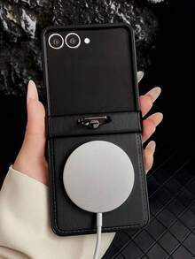 Genuine Leather Phone Case With Magnetic Ring Holder For Samsung Galaxy Z Flip 7 6 5 4 3, Shockproof Solid Color Back Cover - Black - View 4