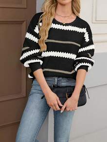 Women's Casual Striped Drop Shoulder Loose Pullover Long Sleeve Sweater Top, Black - Multicolor - View 8