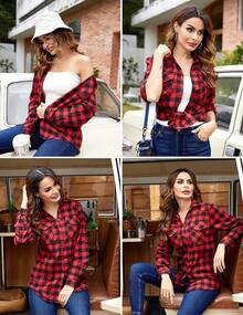 Women's Long Roll Up Sleeve Cotton Flannels Plaid Shirts Classic Fit Button Down Shirt Blouses With Pockets