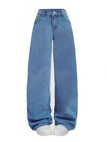 Quần ống rộng denim họa tiết bướm dáng rộng cho bé gái tuổi teen - Màu xanh lam - Xem 3