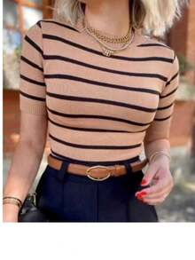 Women's Modal Knit Blouse With Short Sleeve Striped - 裸色/黑色 - 查看 2