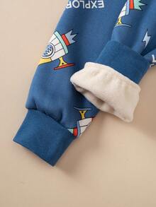 2件套男童加厚保暖内衣套装，蓝色火箭卡通印花睡衣，秋冬保暖家居服