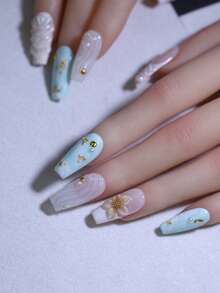 10片棺材形长款白色和蓝色渐变手工按压式美甲贴片，手工雕刻花朵和贝壳图案，法式风格假指甲，可重复使用，美甲美容产品，快速使用美甲用品 - 淺藍色 - 查看 3
