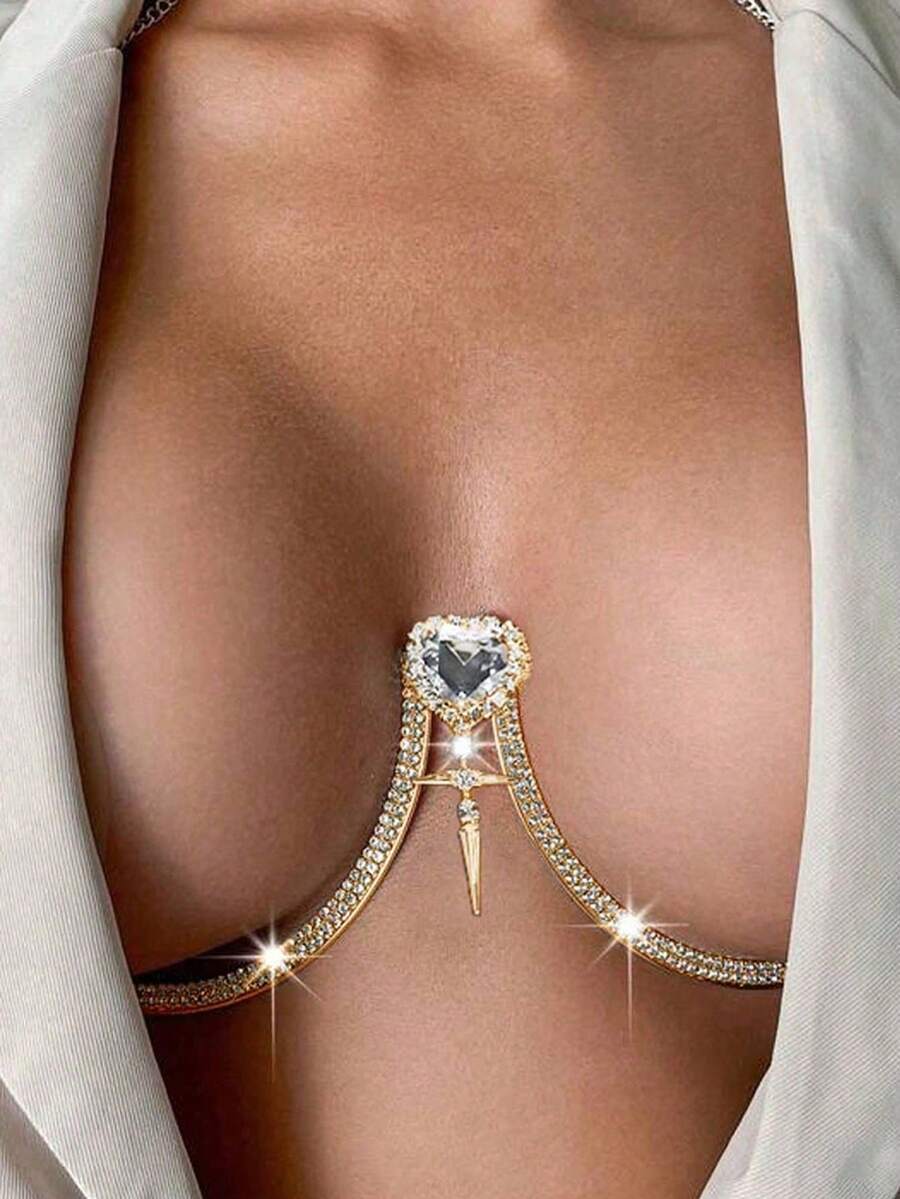 STONEFANS 1pc Gold Color New Cross & Heart Shaped Bra Chain, Sexy Body Chain With Rhinestones, Suitable For Nightclub, European And American Style