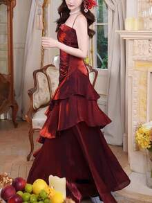 优雅复古酒红色正式派对礼服，适合母亲节婚礼 - 酒紅色 - 查看 6