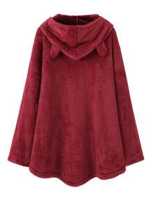 1pc Solid Color Fleece Asymmetrical Hooded Sweatshirt, Casual Everyday Wear For Winter - Burgundy - View 2