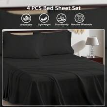 3/4 Piece Home Bed Sheet Set, Soft, Comfortable And Breathable Bedding Set, Hotel Luxury Home Summer Bedding Sheets Twin, 1 Or 2 Pillowcases, 1 Flat Sheet And 1 Fitted Sheet,Room Decor, Ideal Gift. - 黑色 - 查看 1