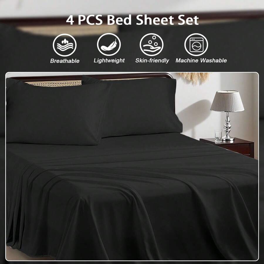 3/4 Piece Home Bed Sheet Set, Soft, Comfortable And Breathable Bedding Set, Hotel Luxury Home Summer Bedding Sheets Twin, 1 Or 2 Pillowcases, 1 Flat Sheet And 1 Fitted Sheet,Room Decor, Ideal Gift. - 黑色 - 查看 1