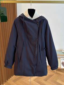 女士秋冬夹克，时尚拼接大翻领连帽设计，抽绳腰部，高品质时尚百搭外套风衣