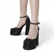 Women High Chunky Platform Closed Toe Block Heels Square Toe Ankle Strap Dress Wedding Party Prom Pumps Shoes Halloween Christmas Fall - Black-satin - View 7