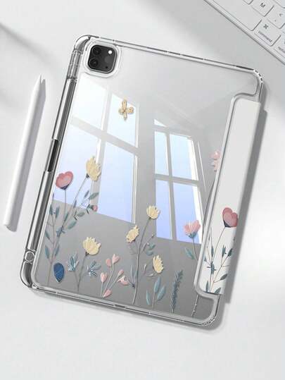 这款精美可爱的双面彩色涂层亚克力透明水晶Y型折叠后盖，饰有花朵、青草和蝴蝶图案，防震耐用，兼容第七代和第八代（10.2英寸）iPad。它还配备第十代iPad保护套，内置笔槽，并支持睡眠/唤醒功能。是节日和新年礼物的理想之选。