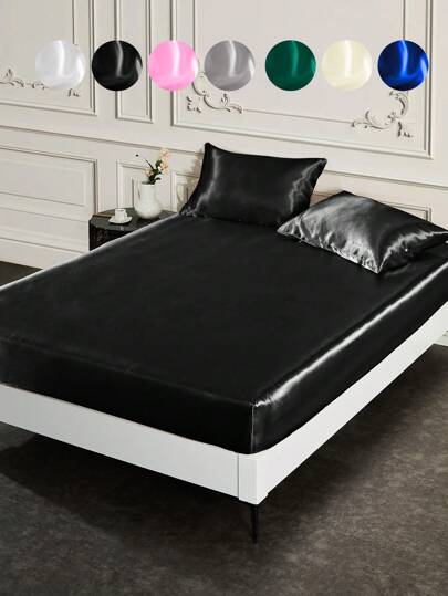 1 pieza Sábana ajustable de unicolor de satén, ropa de cama, protector de colchón de tacto sedoso (sin relleno), sábana ajustable suave y agradable para la piel para el dormitorio, sábanas de cama de satén color champán, ropa de cama de bolsillo profundo transpirable y refrescante, estilo minimalista suave y sedoso, para cama Queen, King, Twin, Full, lavable a máquina, decoración de otoño, decoración de habitación, regreso a la escuela, útiles escolares, blanco, rosa, negro, azul marino, gris , verde, decoración de invierno
