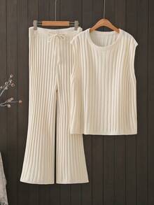 مجموعة قطعتين للنساء في فصل الخريف/الشتاء: ملابس علوية كنزة بدون أكمام وبنطلون صوفي